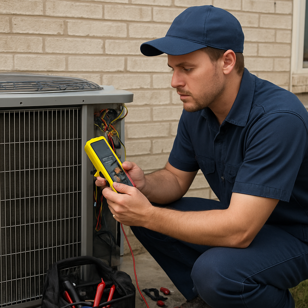 Technicien Clim Expert 77 réparant un groupe extérieur de climatisation en Seine-et-Marne