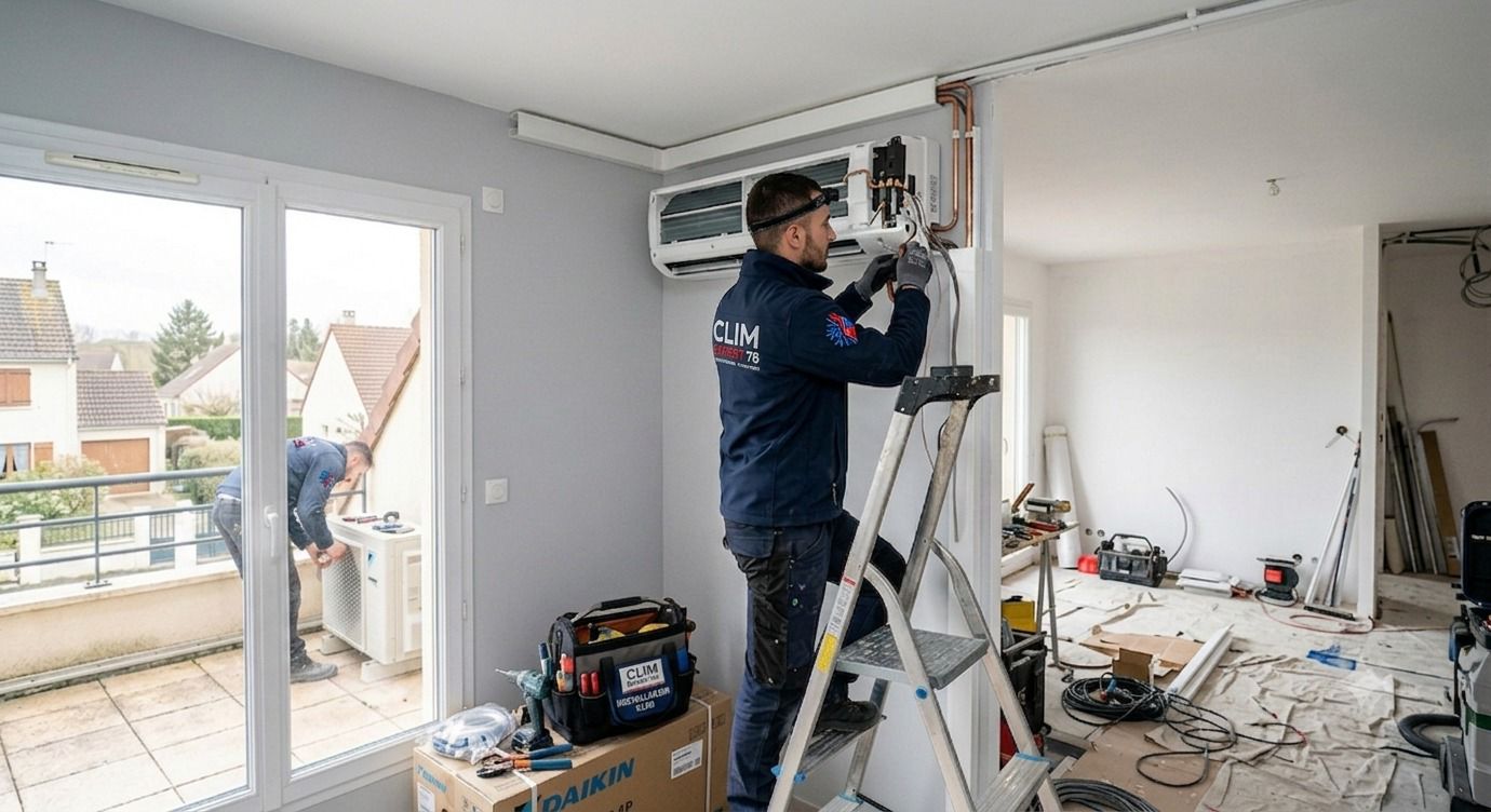 Technicien Clim Expert 77 devant une maison de Seine-et-Marne équipée d'une climatisation